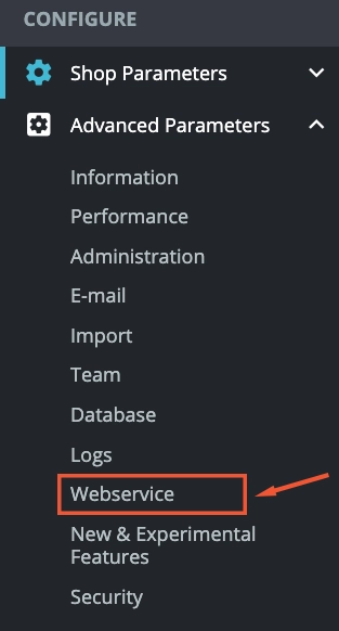 PrestaShop Advanced Parameters menu showing Webservice option
