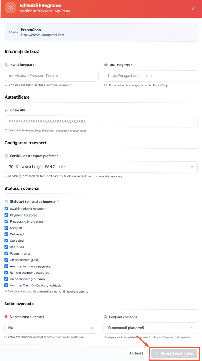 Integration settings modal with configuration options