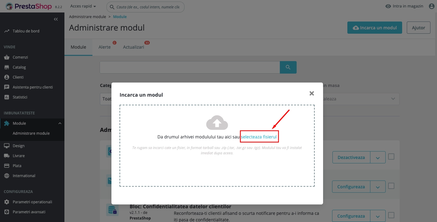 Upload module button in PrestaShop