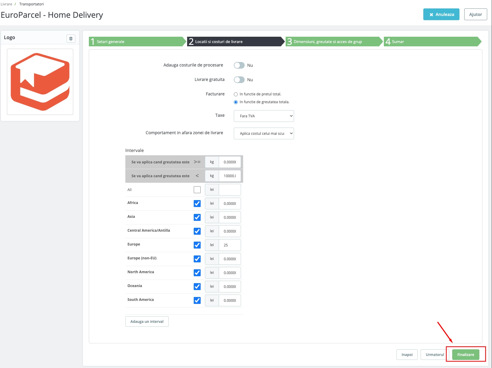 Shipping costs configuration for home delivery