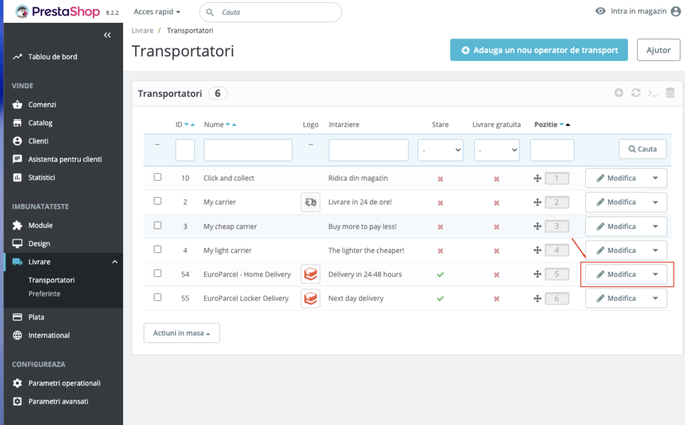 Carriers list with EuroParcel Home Delivery edit option