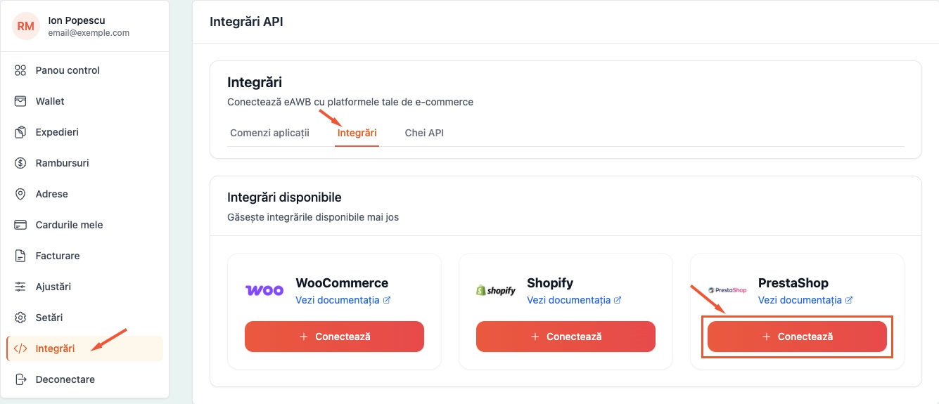 eAWB integrations section with PrestaShop connect button
