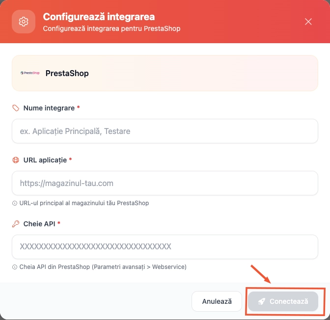 PrestaShop integration setup modal with connection fields