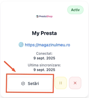 PrestaShop integration with Settings tab highlighted