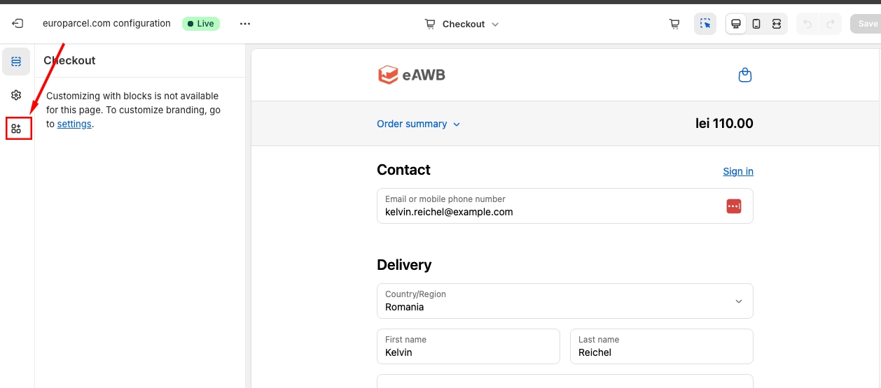 Apps menu in checkout editor