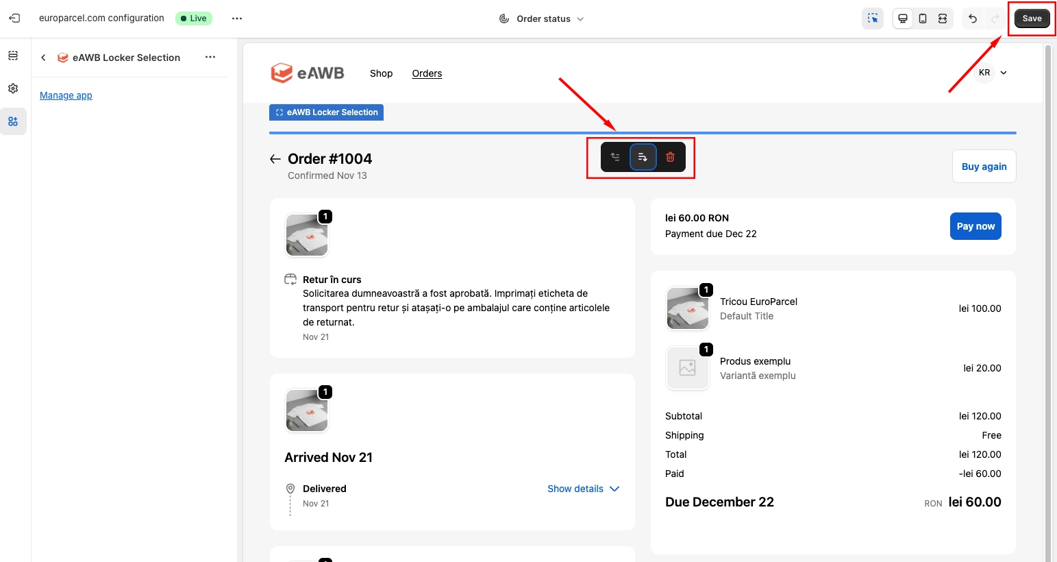 Order status page configuration
