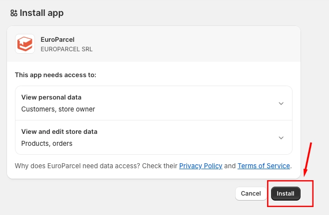 Shopify app permissions screen