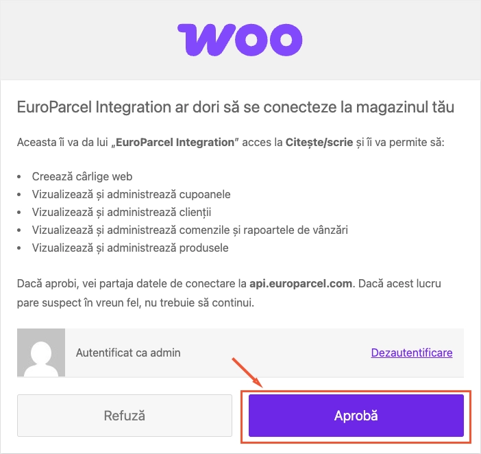 WooCommerce authorization screen